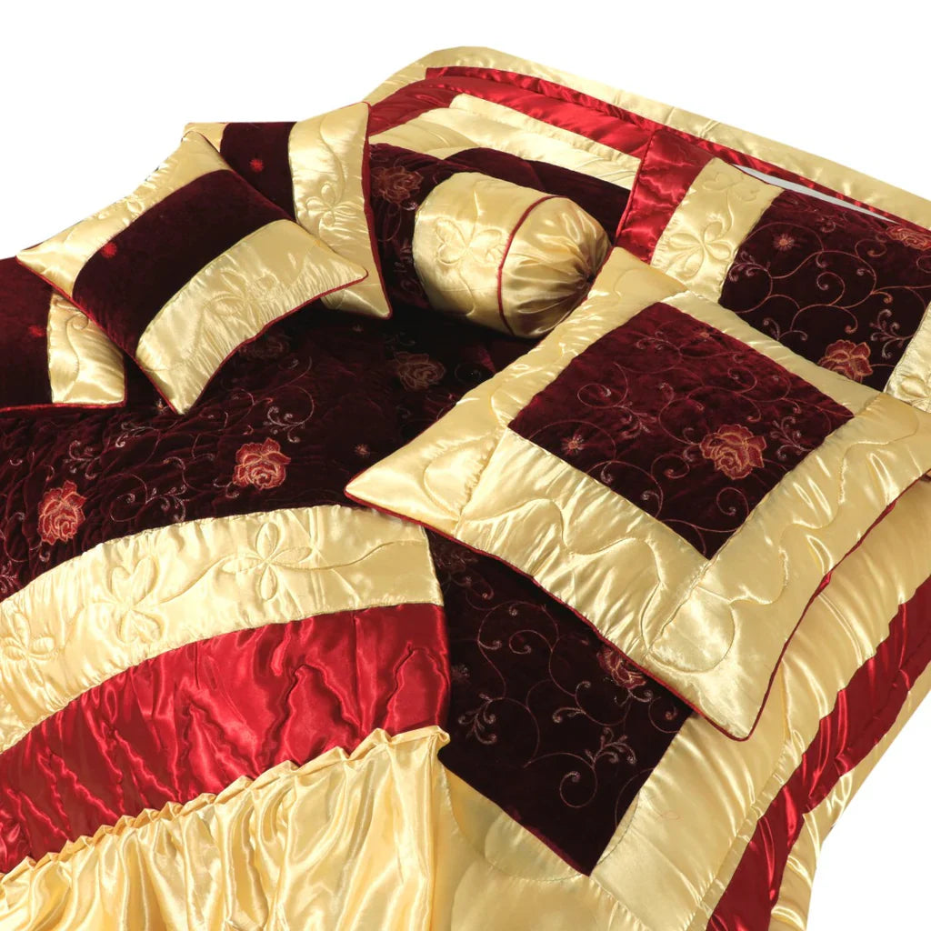 Bridal Comforter Set Velvet Silk Chocolate Red & Golden-40196