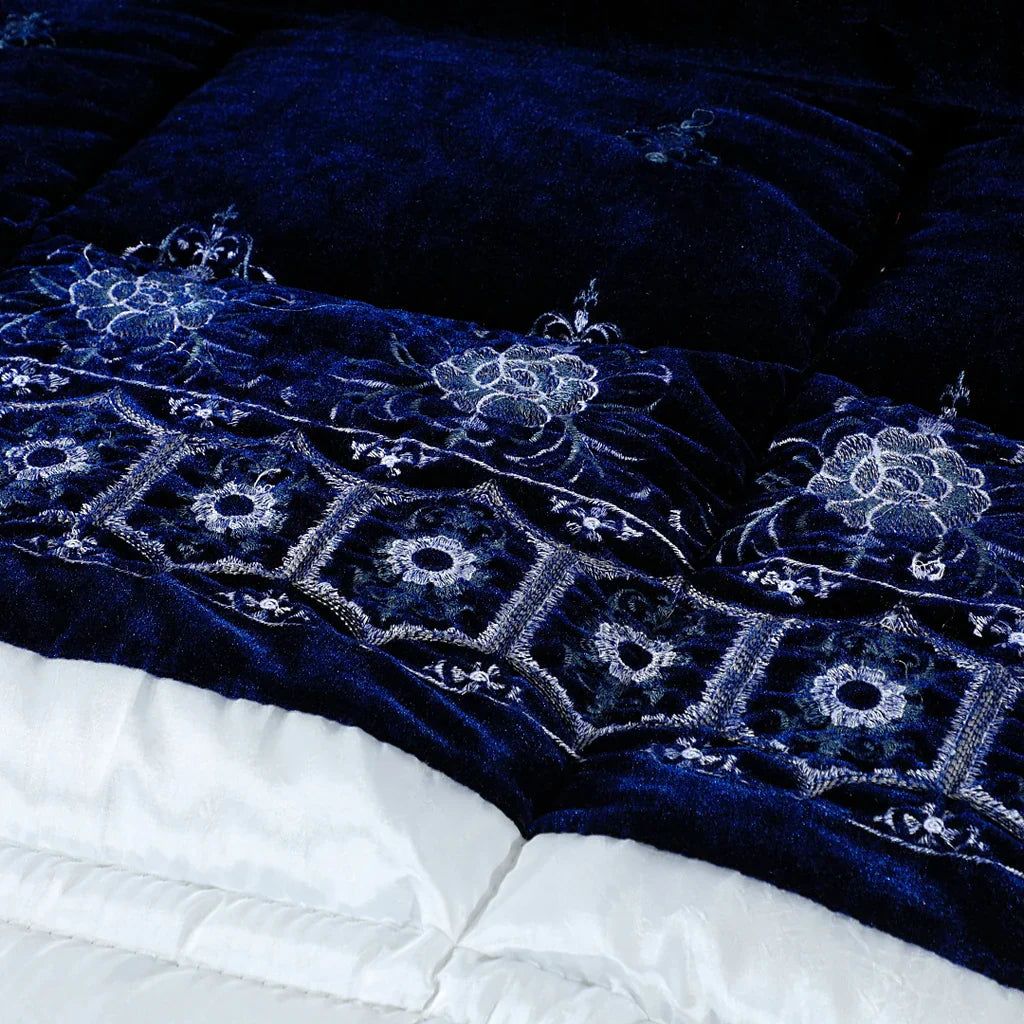 Bridal Comforter Set Velvet Silk Navy & White-40195
