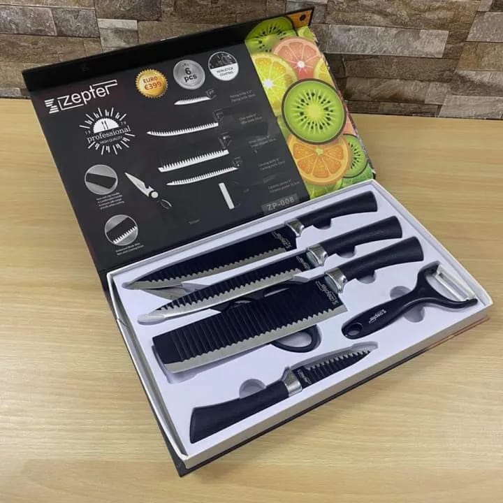 Bass/Zepter 6 Pieces Kitchen Knife Set- Stainless Steel With Leather Covering Handle- Unique Design